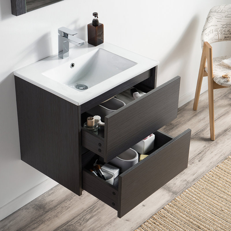 Meuble-lavabo mural simple 24 po avec lavabo en céramique Blossom - armoire flottante tout bois avec 2 tiroirs en U à fermeture en douceur
