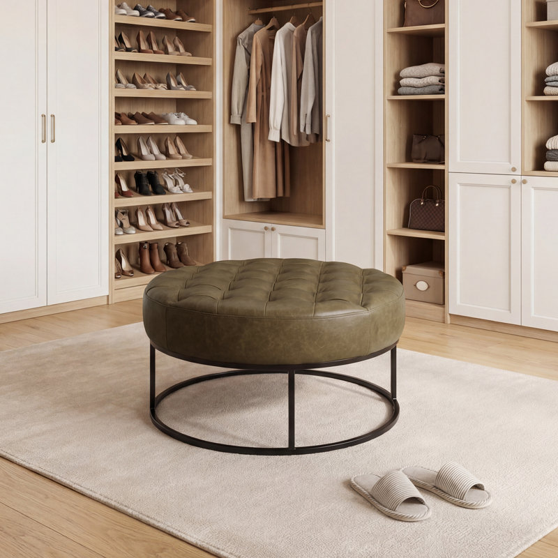 Owen Genuine Leather Round Ottoman, Green