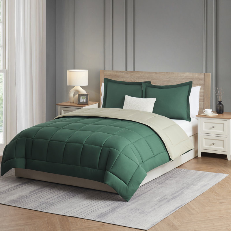 Édredon en duvet synthétique toutes saisons Nestl, Vert chasse / Sauge, Édredon très grand lit californien + 2 taies dé