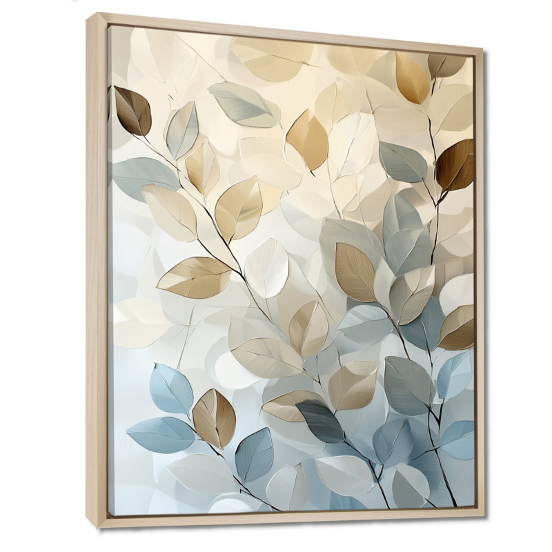 Feuilles et branches murmurantes - Tableau botanique encadré bleu, H 44 po x l 34 po, Cadre naturel flottant
