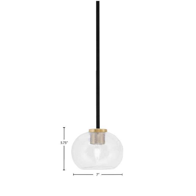 Mini-luminaire suspendu 1 lumière Amarmula, noir mat et laiton vieilli, verre bullé transparent de 7 po