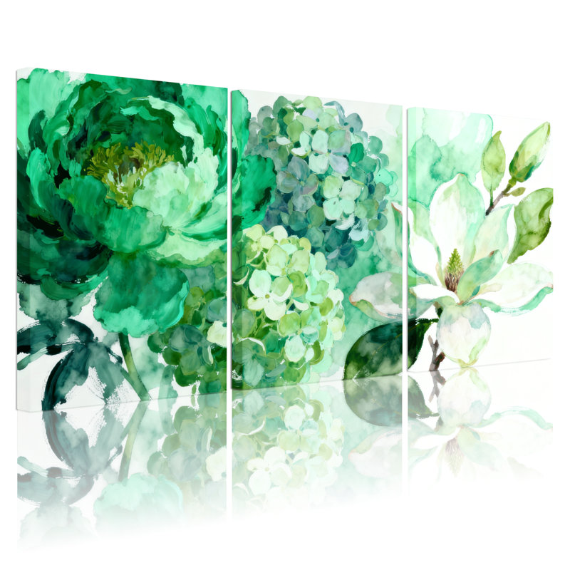 Plantes et fleurs, art floral aquarelle vert, ensemble de 3 impressions sur toile, H 30 po x l 60 po