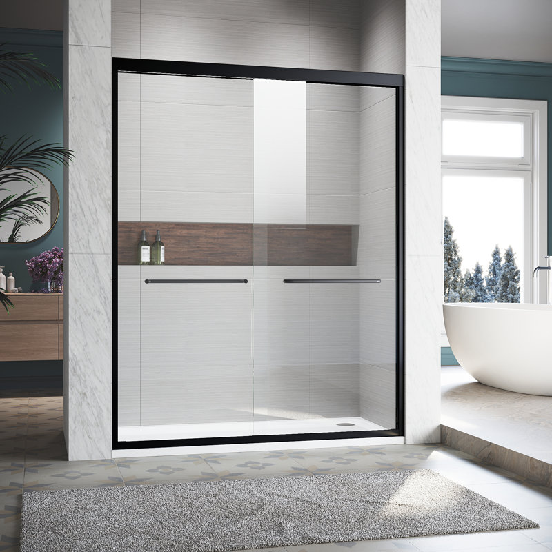Adjustable Sliding Shower Glass Door With Black Finish, Tempered Glass & Stainless Steel For Modern Bathrooms