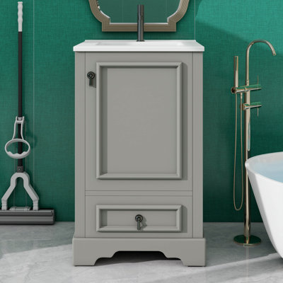 Meuble-lavabo de 20 po avec lavabo en céramique, meuble de rangement moderne avec porte à fermeture en douceur, tablette et tiroir en U réglables, petit meuble-lavabo simple