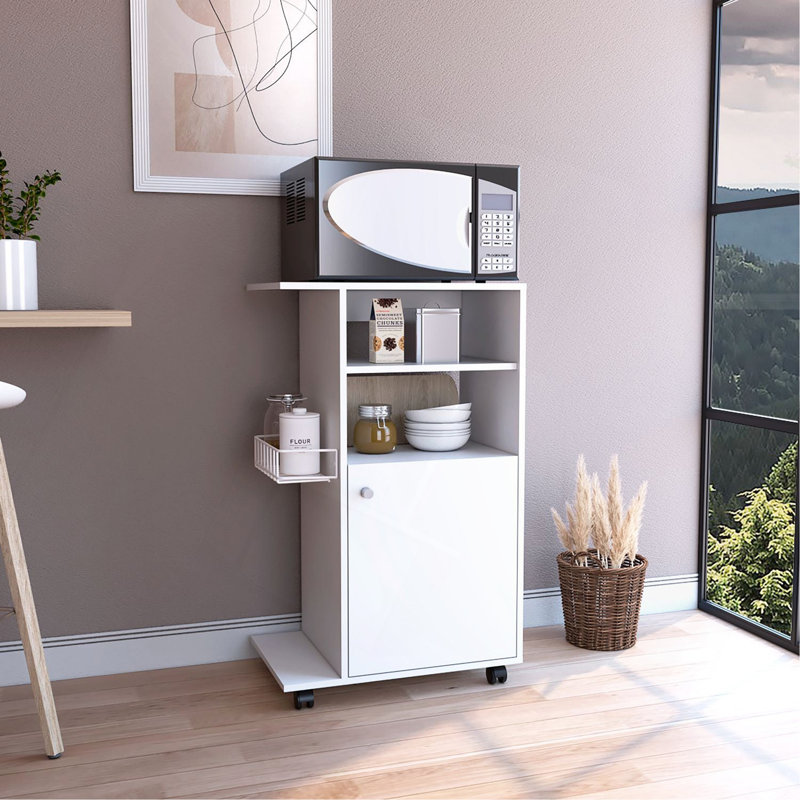 Modern Kitchen Cart 39" H, Single Door Cabinet, Four Wheels, One Side Shelf, White