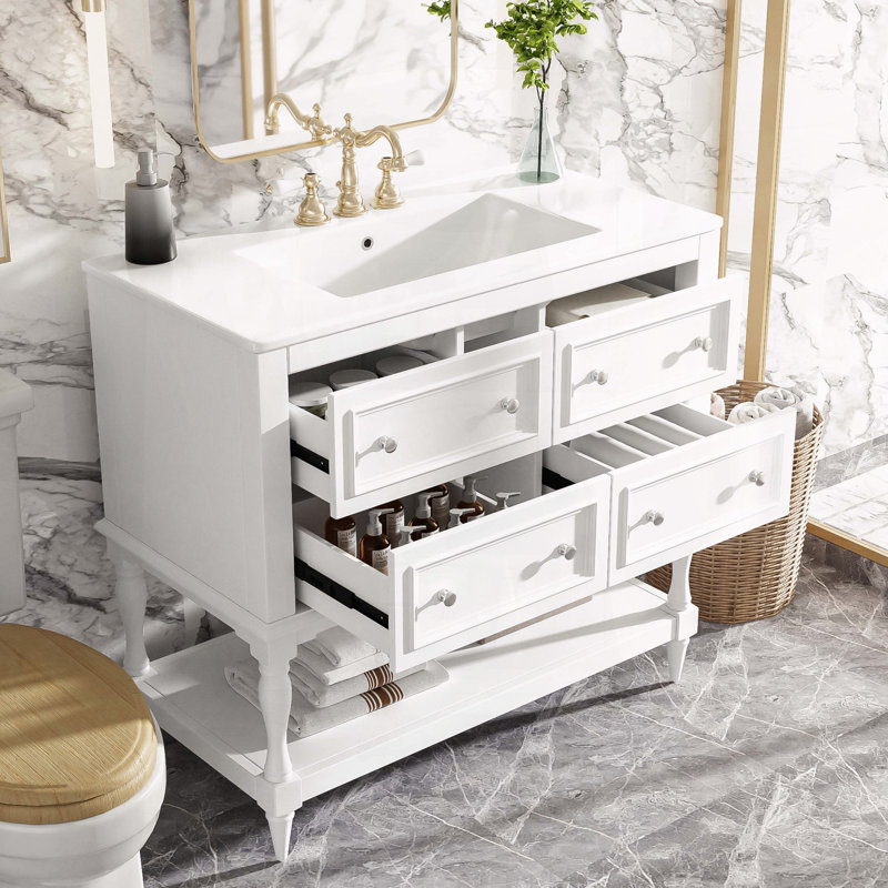 Meuble-lavabo de 36 po avec 4 tiroirs et structure en bois massif, White