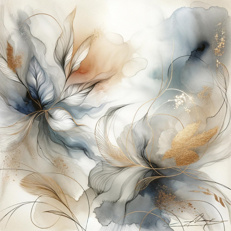 "Whispering Blossoms", art floral abstrait sur toile avec texture feuille d'or, H 12 po x l 12 po x P 1 po