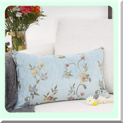Teal Floral Jacquard Embroidery Throw Pillow - Farmhouse Decorative Oblong Rectangle Case