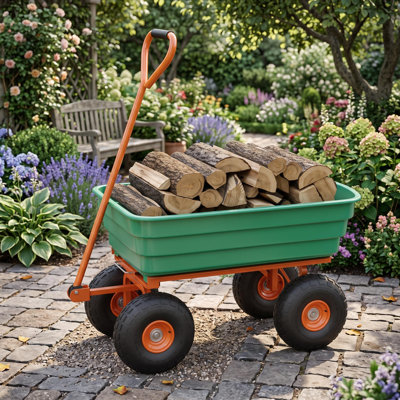 Heavy Duty Garden Dump Cart – 1200 lbs Capacity, 7 Cu.Ft Utility Wagon with 180° Pivot Handle, 10" Tires, Quick-Release Poly Yard Wheelbarrow for Lawn, Landscaping, Gardening – Green + Orange