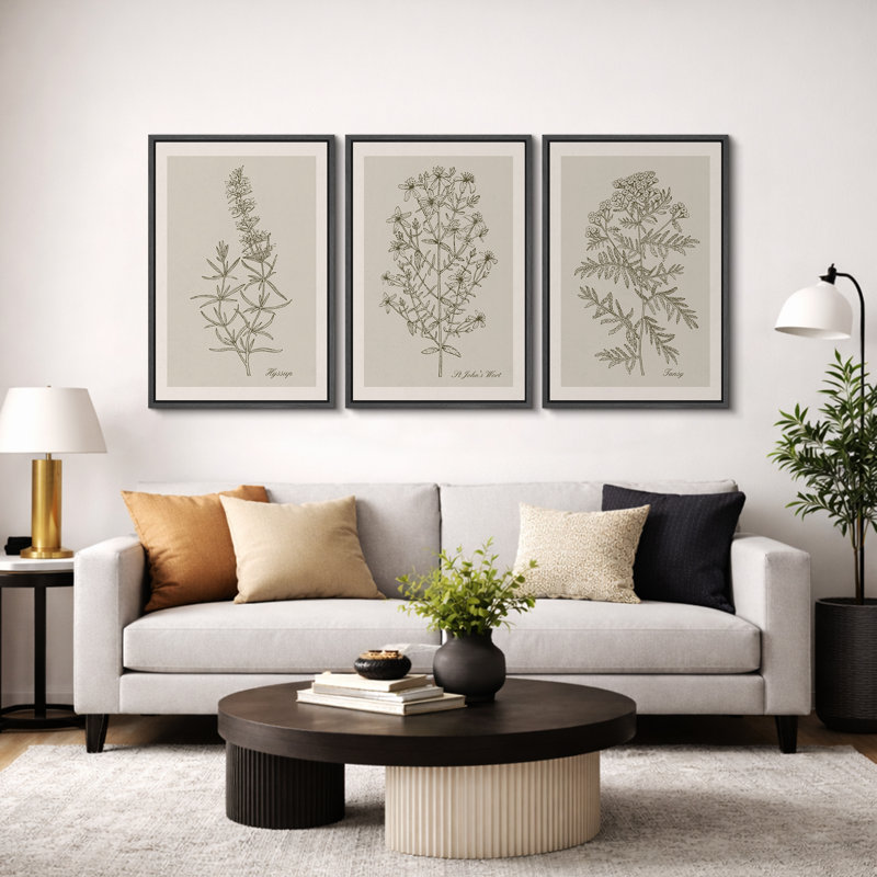 Minimal Botanical "Duotone Beige Green Classic Artwork, Simple Neutral Botanical Wall Pictures, Large Framed Canvas Giclee Print 3 Pieces Wall Art Set"  16"x24"x3 pcs, 24"x36"x3 pcs