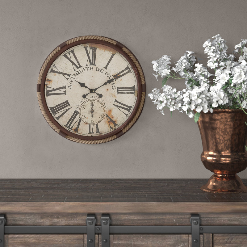 Horloge murale décorative en métal Ethoridge avec cadre en corde et cadran crème vieilli, Petit, Brun / noir