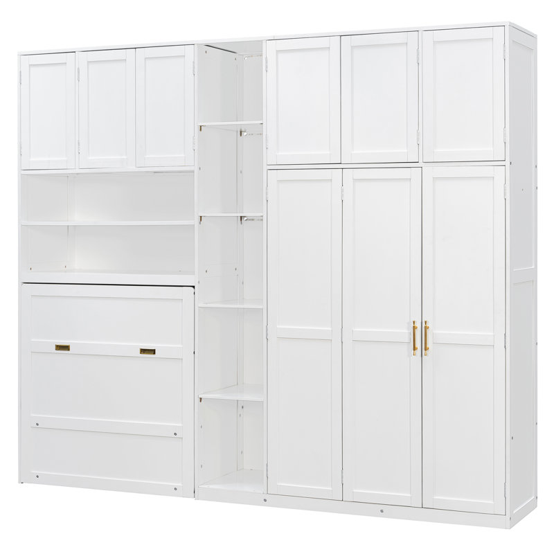 Armoire-lit moderne avec garde-robe et tablettes de rangement, tablettes à DEL à 5 niveaux, armoires suspendues, Blanc