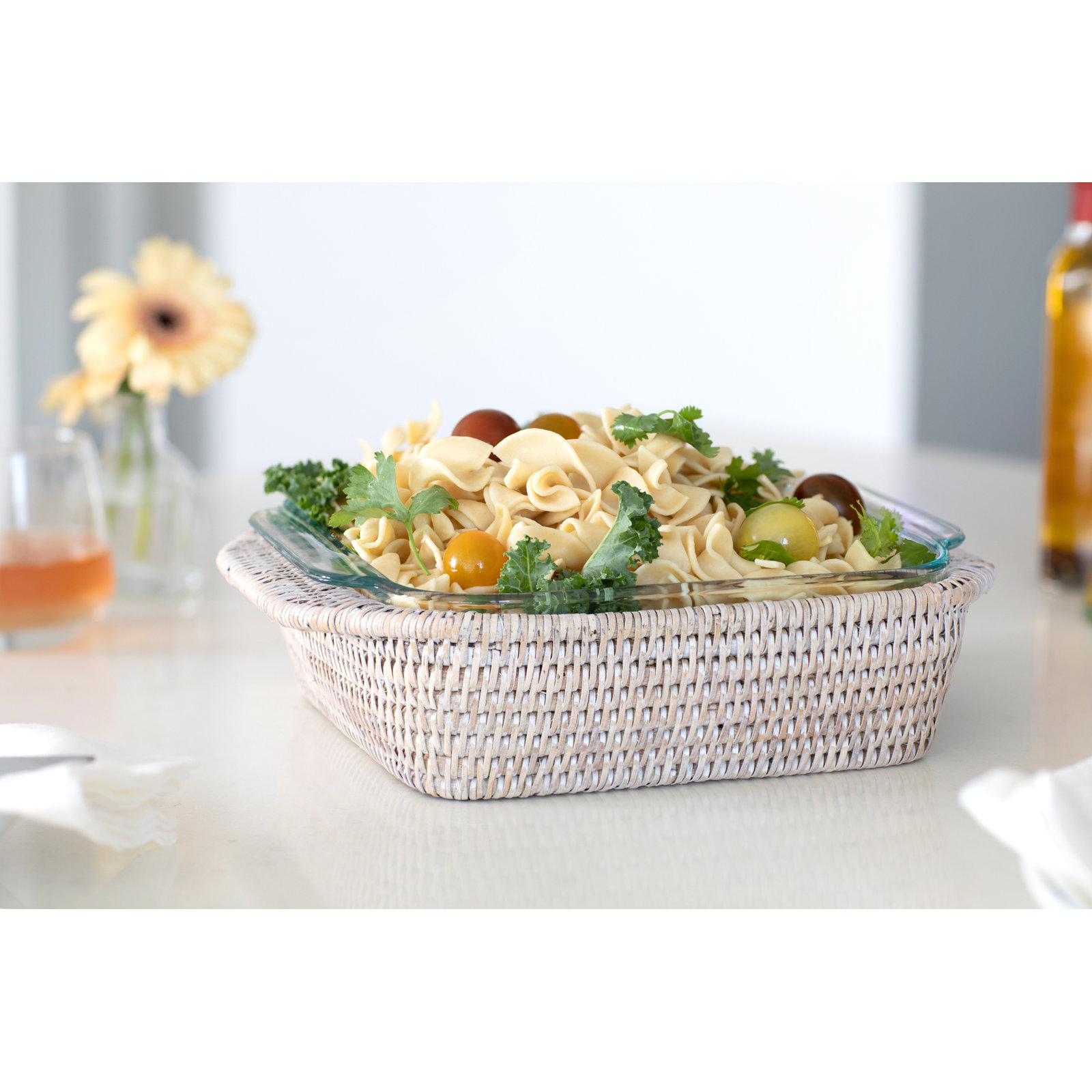 Sampson Square Rattan Baker Basket, White Wash