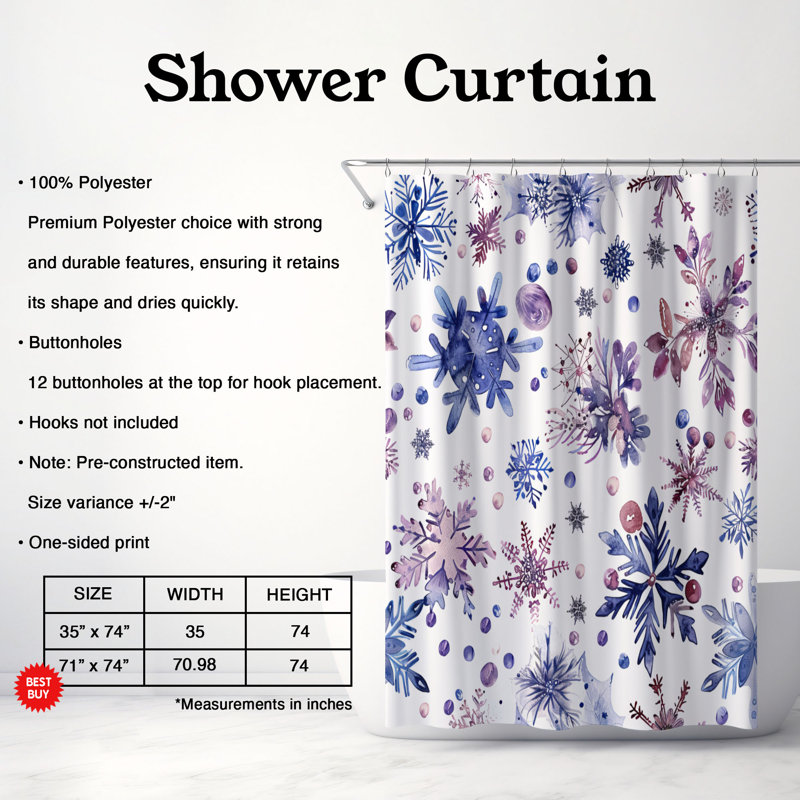 Rideau de douche Snowy Flowers - Premium, H 74 po x l 71 po