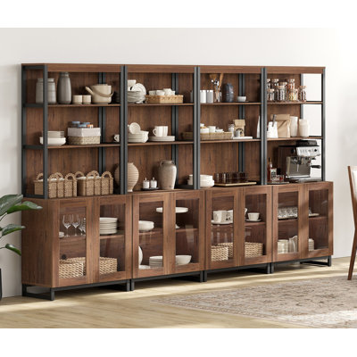 4 PCS Modern 72" Sideboard With Glass Doors And Adjustable Shelves, Multifunctional Buffet Cabinet With Storage And Open Shelves For Dining Room Or Kitchen
