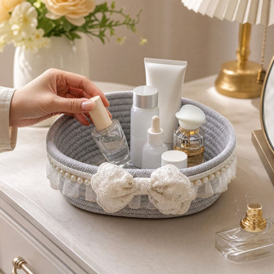 Decorative Articles Cotton Rope Woven Desktop Storage Basket  Cosmetic Organizer Tray With Lace Bow Pearl Decor Decorative Woven Basket For Makeup Jewelry SundriesMultiC