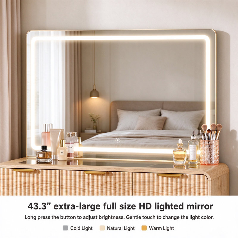 Dressing table with mirror and light -7 drawers and storage rack, built-in power socket, 3 colour modes and adjustable brightness, bedroom makeup dressing table