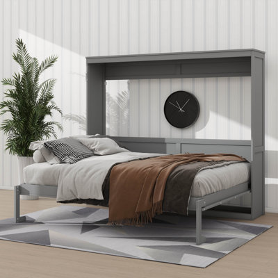 Grand lit pliable mural avec tablette de rangement et lattes de bois