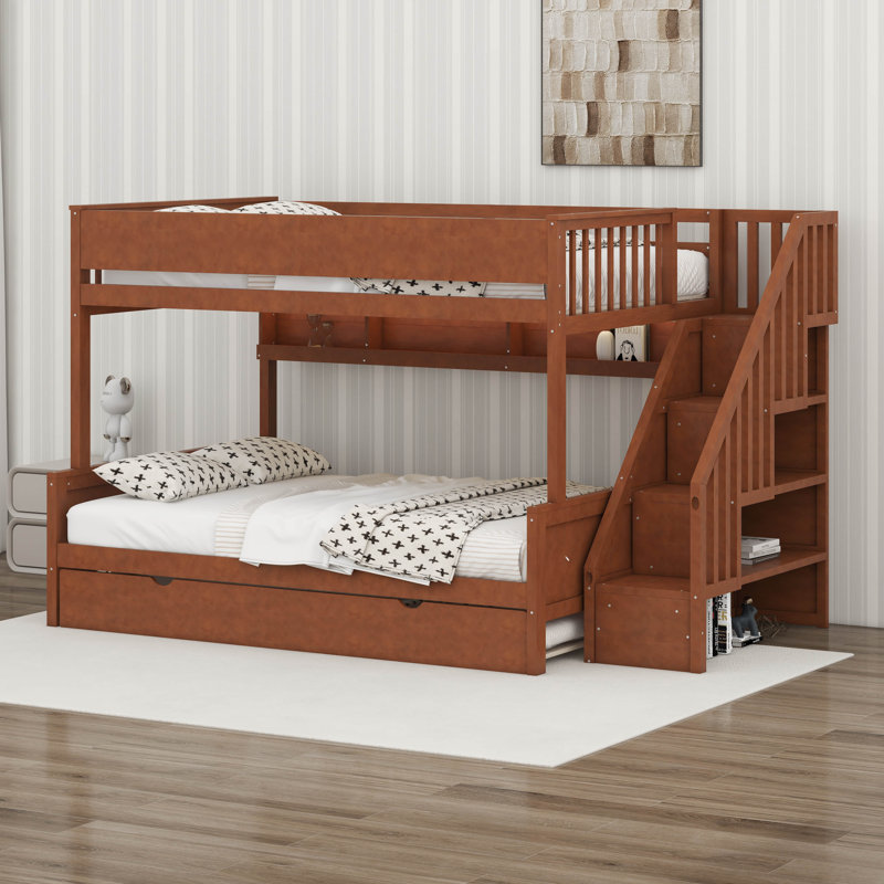 Full XL Over Queen Bunk Bed With Storage Shelves And Staircase,Trundle And LED Light, Walnut