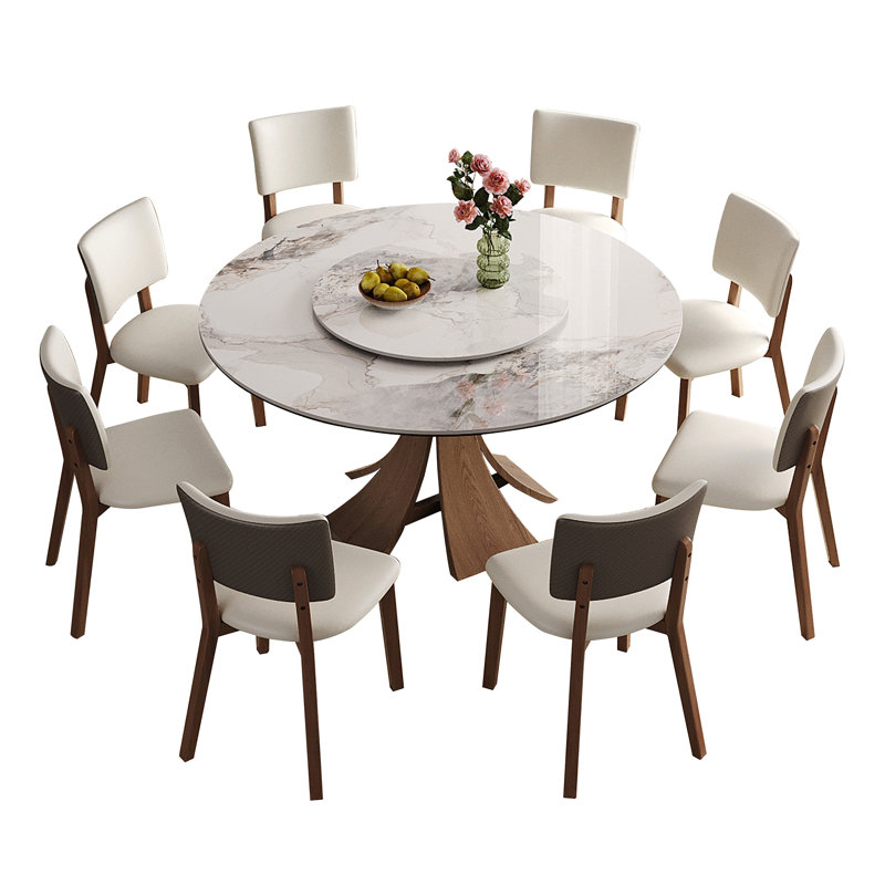 Ensemble de table de salle à manger 59 pouces en pierre frittée moderne, avec une table tournante ronde de 35 pouces, pouvant accueillir 6 à 8 personnes, et une base en bois unique de couleur noyer (table + 8 chaises)