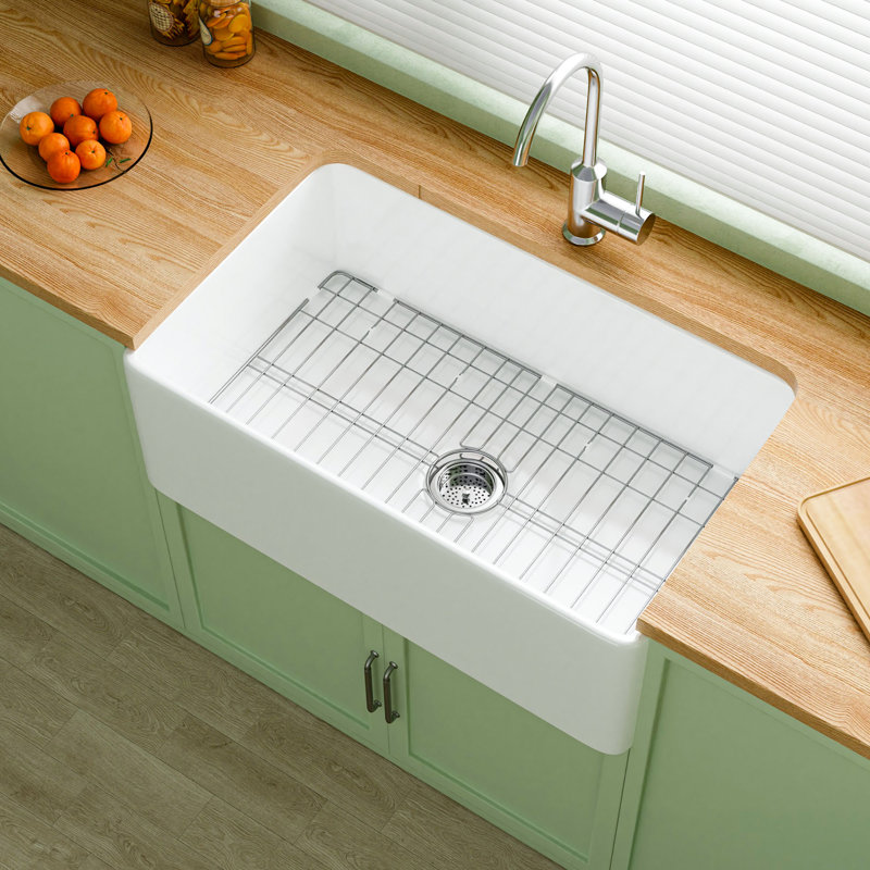 Évier de cuisine à tablier frontal en argile réfractaire 30 po x l 18 po pour cuisine et buanderie, évier de ferme blanc à simple cuve, 2 accessoires personnalisés inclus