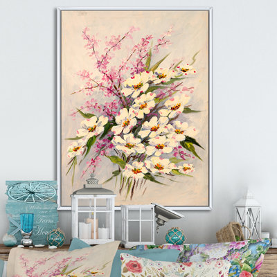 Romantiques fleurs blanches Bouquet - peinture sur toile encadrée