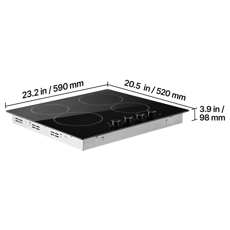 Plaque de cuisson électrique de 61 cm (24 pouces) à 4 brûleurs, 6000 W, 220 V, en céramique, avec 11 niveaux de puissance, protection contre la surchauffe et commandes à boutons pour une cuisson polyvalente.