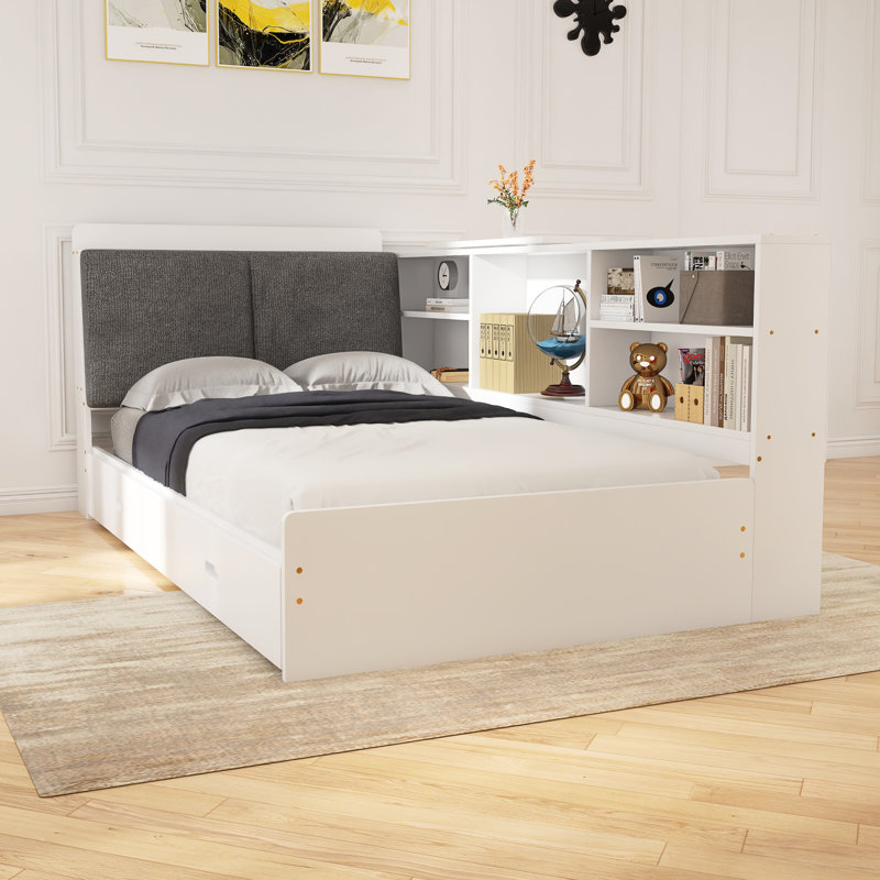 Lit plateforme en bois avec tête de lit, tablettes et 2 tiroirs, Blanc