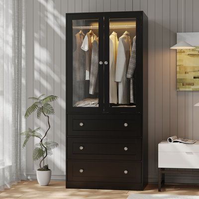 Wardrobe Closet With Drawers And Light, 75" Armoire  With Hanging Rod, 2 Doors Wooden Wardrobe Cabinet For Bedroom