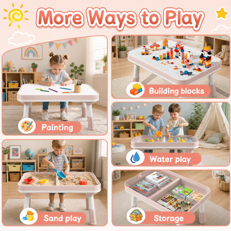 Ensemble de table pour enfants 5 en 1 et 2 chaises réglables en hauteur avec rangement, table d'activités pour tout-petits pour blocs de construction, dessin, lecture, repas, jeu de sable et d'eau