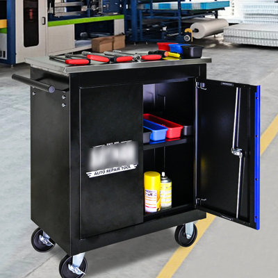 Chariot à outils à double porte avec comptoir en acier inoxydable et 2 freins noir + armoire bleue 4 25,88 pouces de hauteur