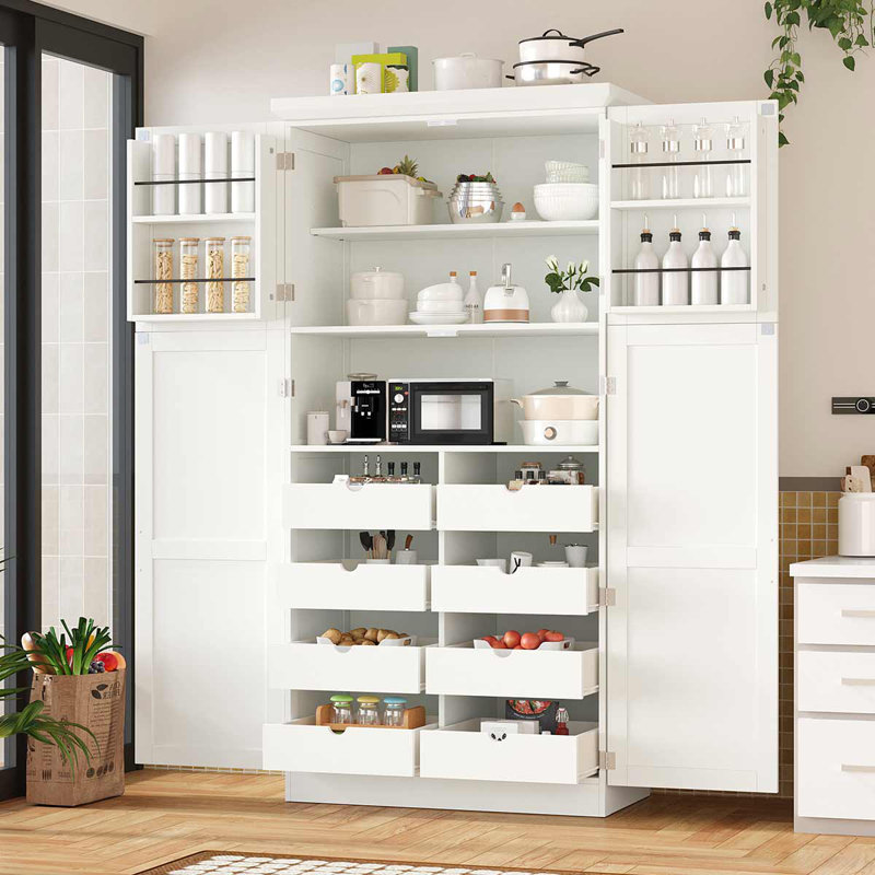 Garde-manger autoportant, armoire de rangement haute avec 8 plateaux coulissants et tablette réglable, Blanc