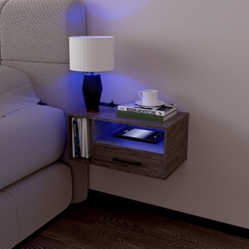 Table de chevet flottante murale avec lumière RVB 21,3 po Jorid, Marron clair