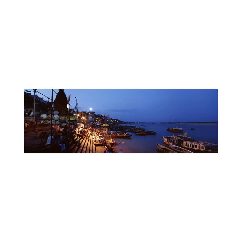 Ghat Along The Ganges At Night, Varanasi, Uttar Pradesh, India - Wrapped Canvas Panoramic Print