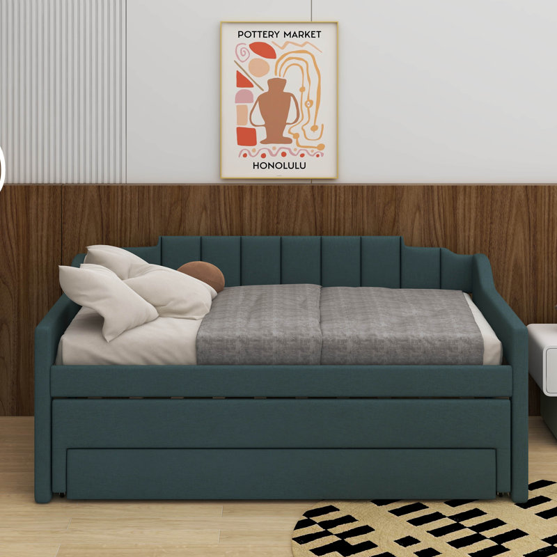 Twin Upholstered Daybed With Trundle And Drawers, Gray