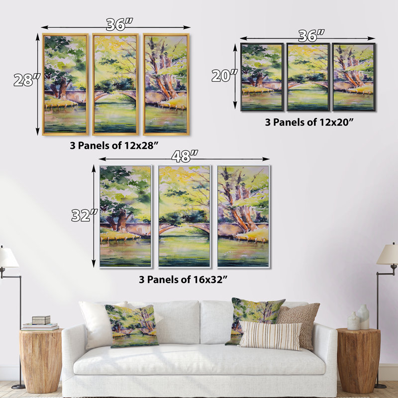 «Bridge Over River In Green Park», ensemble d'art mural sur toile encadré traditionnel de 3, Or, H 20 po x l 36 po x P 1 po