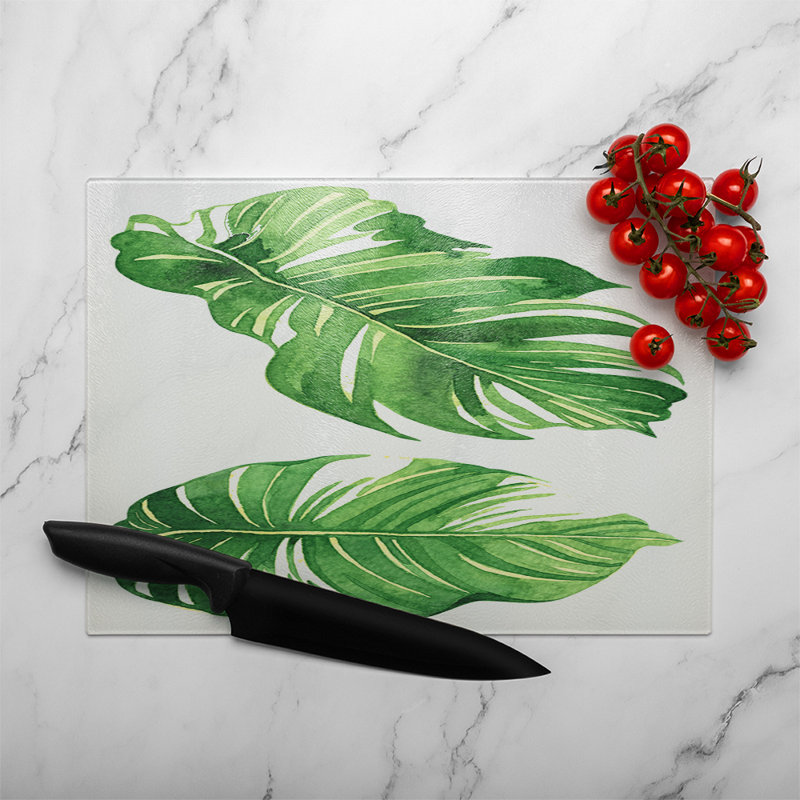 Twin Botanical Leaves Glass Chopping Board, 40cm L x 28cm W