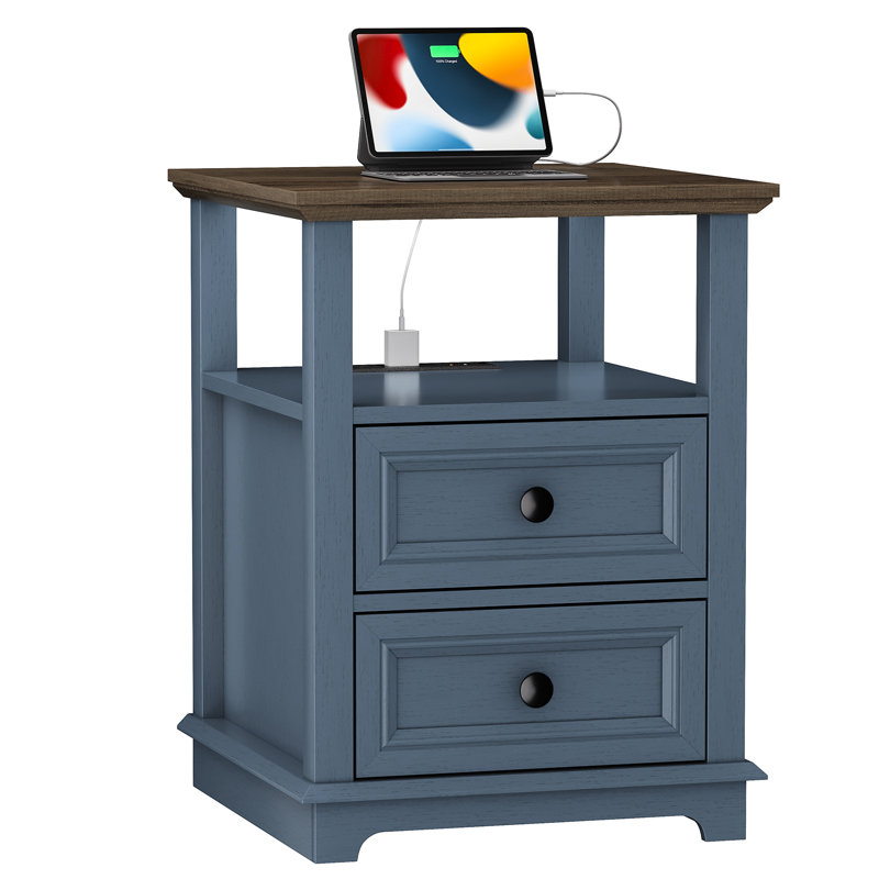 Bijal 2 - Drawer End Table and Built-In Outlets, Brown/Blue