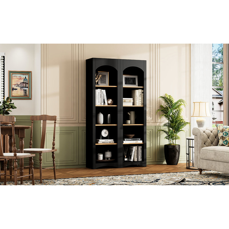 Armoire à deux tons, bibliothèque à 5 niveaux, tablettes réglables, stable, garde-manger noir de 72 po