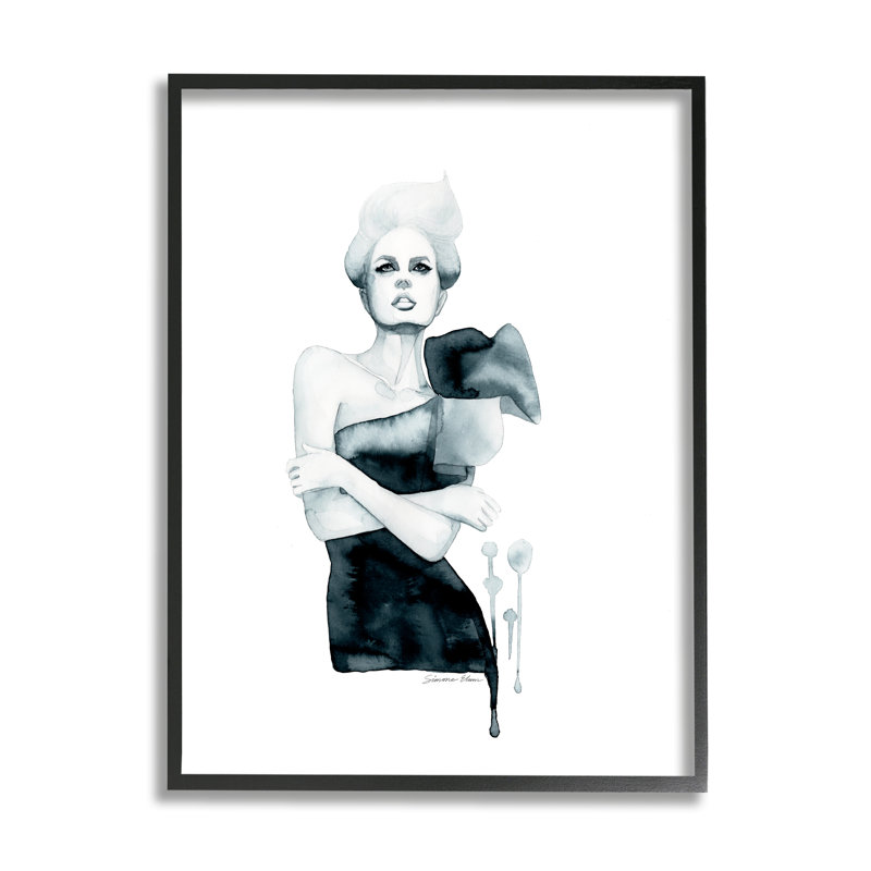 Fille en robe noire par Simone Elum, Giclée encadrée noir minuit, H 30 po x l 24 po x P 1,5 po