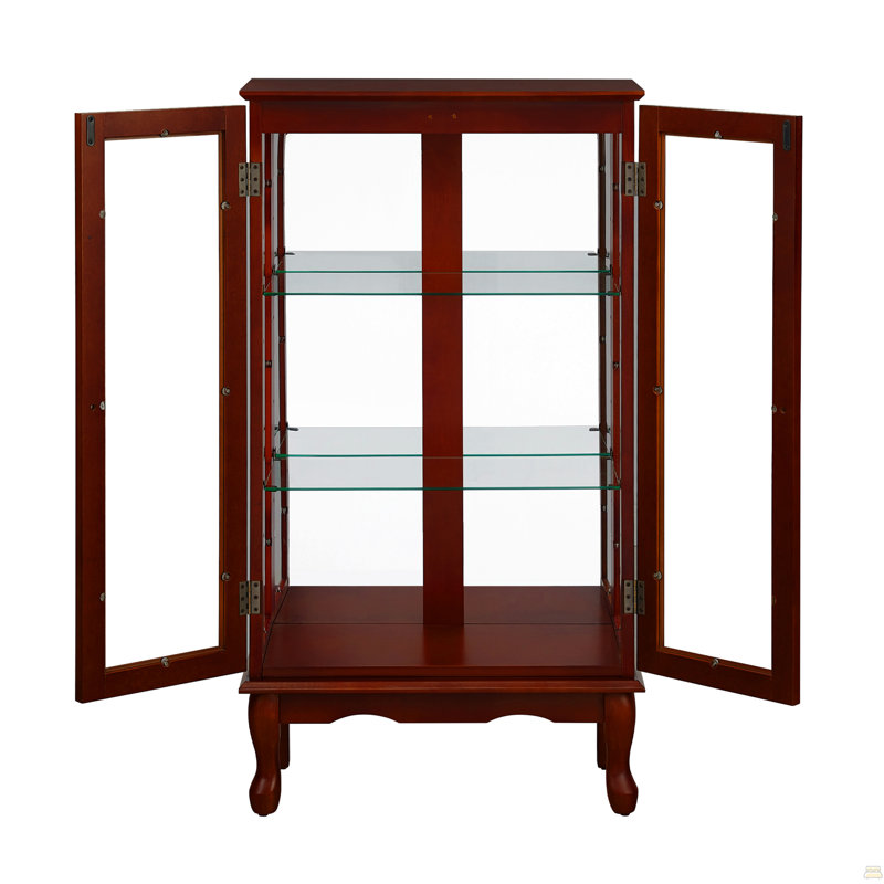Cabinet Lighted Curio Diapaly Cabinet With Adjustable Shelves And Mirrored Back Panel, Cherry