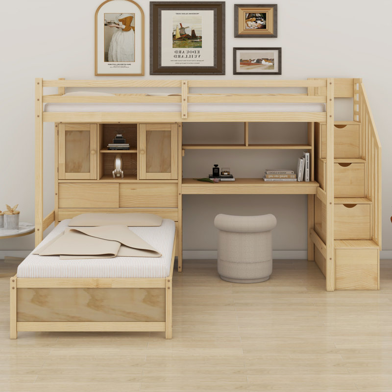 Lit mezzanine avec bureau intégré et escalier, avec compartiments de rangement et tablettes, Naturel