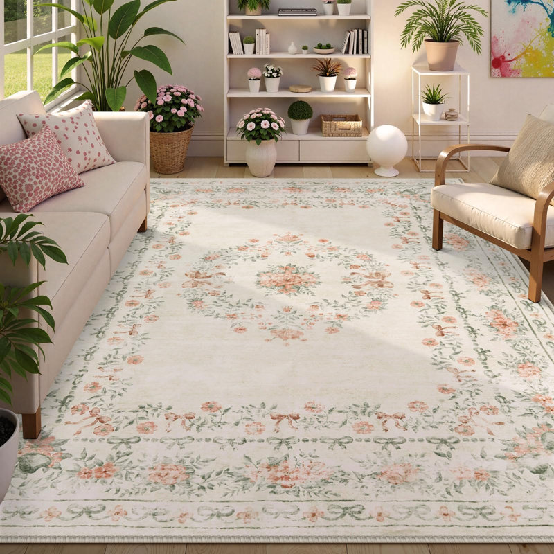 Kaldi Floral Bow Washable Area Rug, Soft Non-Slip Ultra-Thin Vintage Floral Carpet for Living Room, Bedroom & Nursery