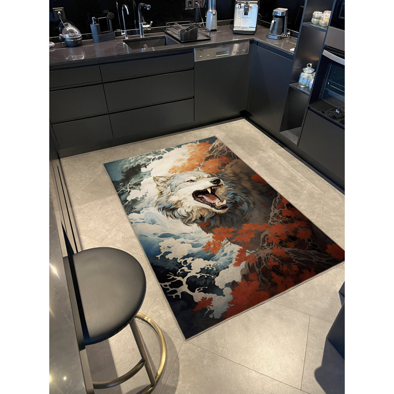Tapis décoratif moderne multicolore à motif loup et fumée, Rectangle 4 pi 11 po x 7 pi 6 po