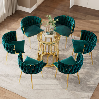  Ensemble de table de salle à manger ronde en verre 47,2 po pour 6 personnes, table de base moderne dorée avec 6 chaises rembourrées en velours, ensemble de table 7 pièces, bureau de salon confortable pour la cuisine