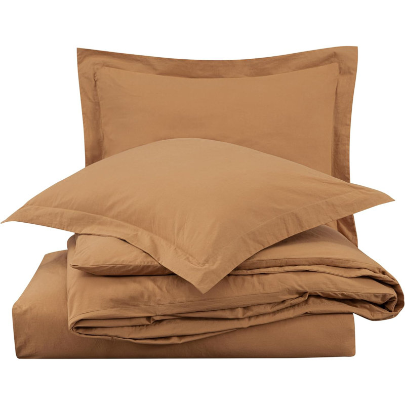  Solid Color 100% Washed Cotton Duvet Cover Set , Queen Duvet Cover + 2 Standard Shams, Caramel