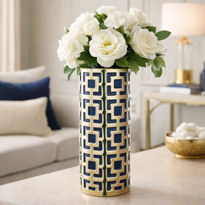 Vase à fleurs pour décor de table, or géométrique, accent bleu, 16 pouces