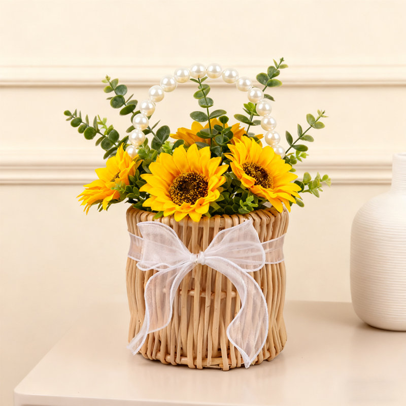 Panier de mariage en rotin tissé à la main avec perle et ruban 1pc - Panier de rangement décoratif rond Boho pour demoiselle d'honneur
