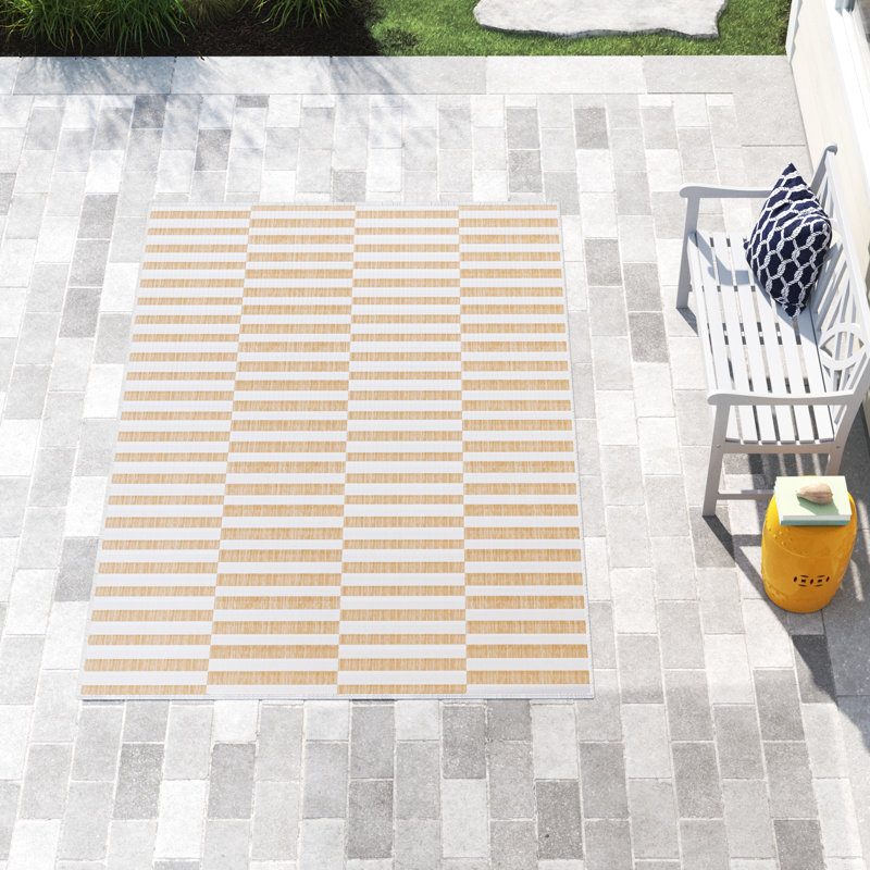 Tapis rayé intérieur / extérieur Robinson taupe / ivoire, Rectangle 7 pi 1 po x 10 pi