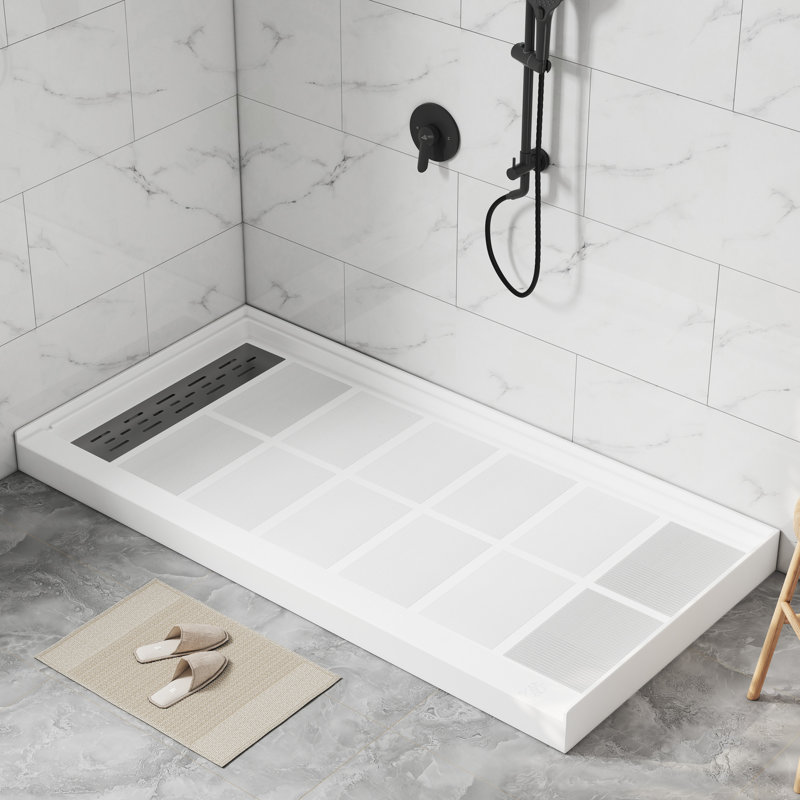 48/60"W x 32/36"D Multiple Sizes Single Threshold SMC Shower Pan Base with Drain Assembly, Non-Slip, Left